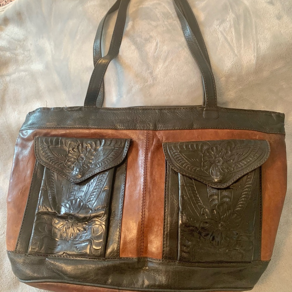 Leaders in Leather Brown and Black Tooled Leather Tote Bag